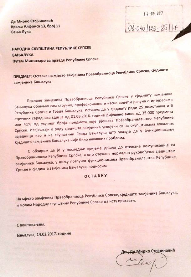 Ostavka Mirka Stojčinovića Ostavka Mirka Stojčinovića