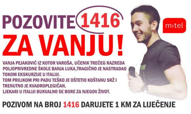  Pozovite 1416 za liječenje Vanje Pejakovića 