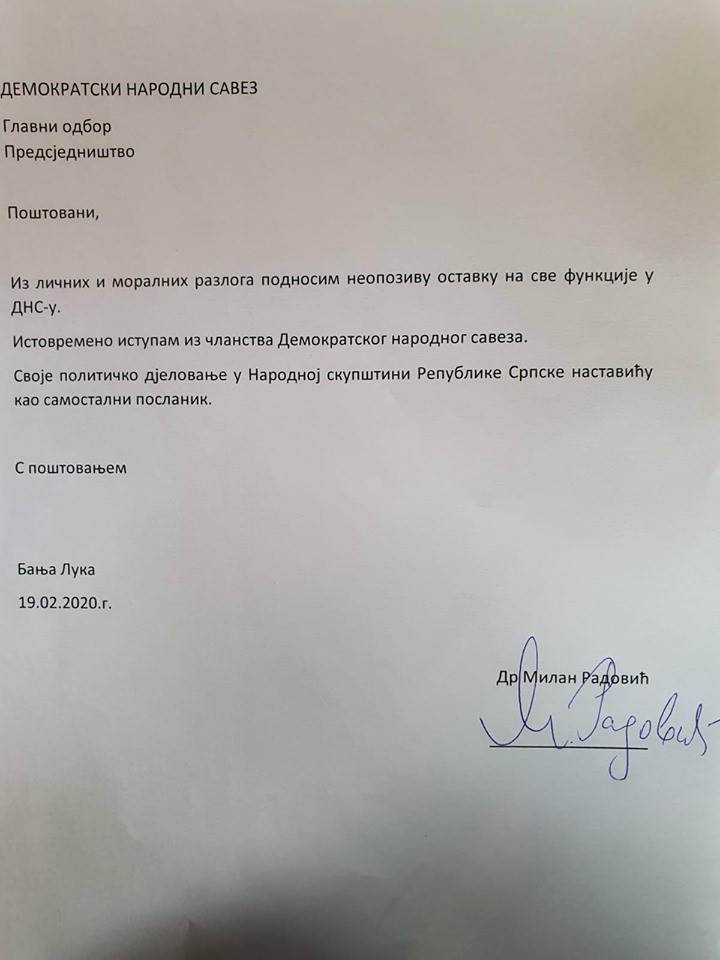 Milan Radović ostavka u DNS Milan Radović ostavka u DNS
