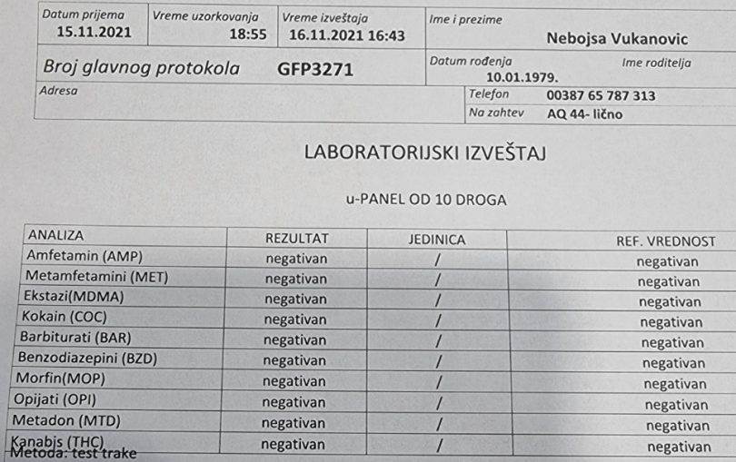 Vukanovićevi rezultati testa na droge Vukanovićevi rezultati testa na droge