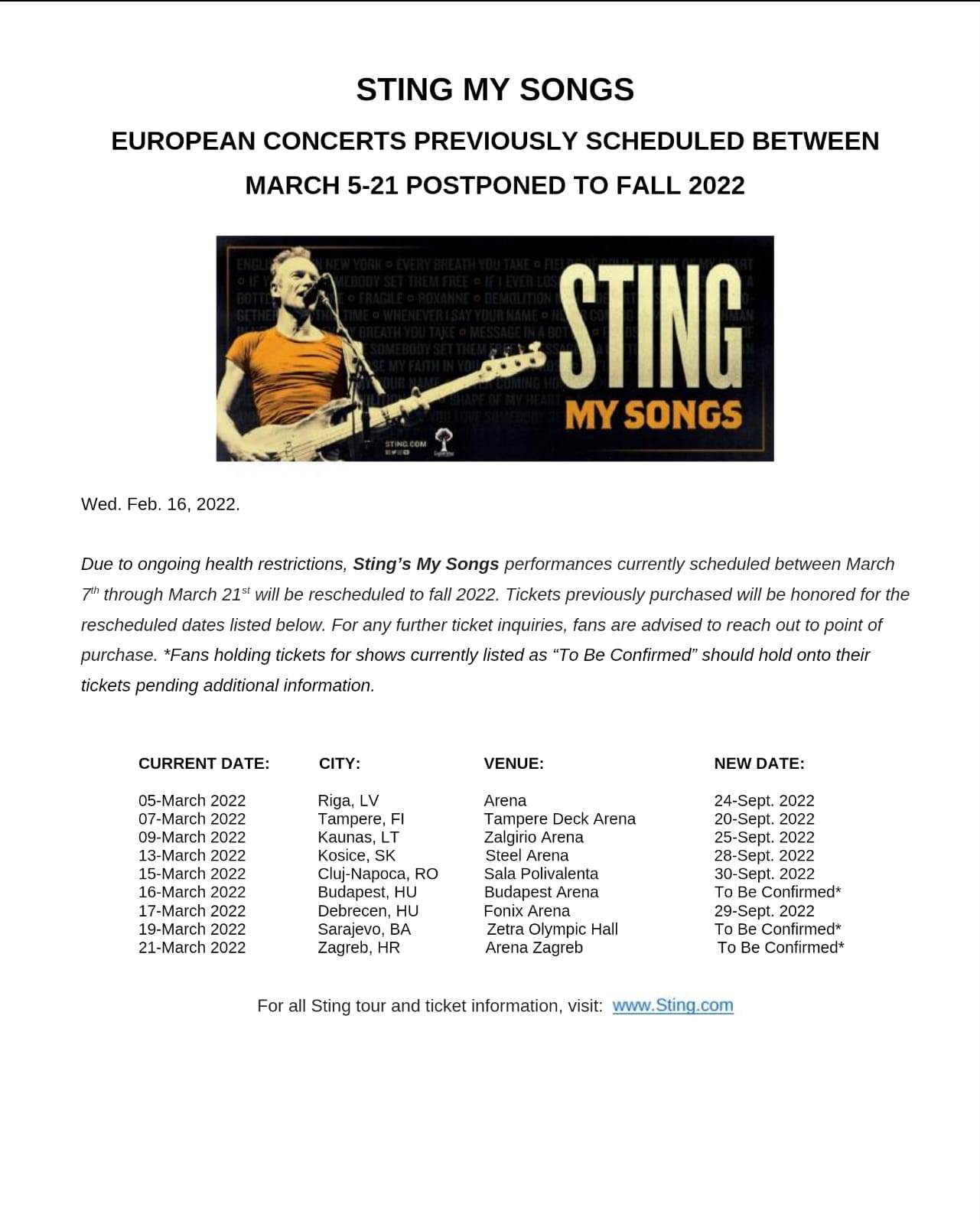  Sting odogodio turneju za jesen 