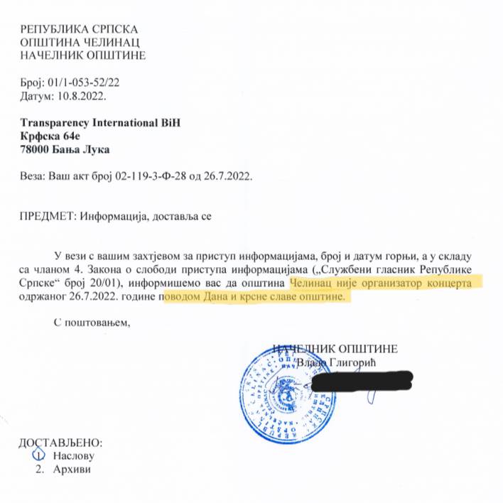  Opština Čelinac tvrdi da nije organizovala koncert povodom Dana opštine Čelinac  