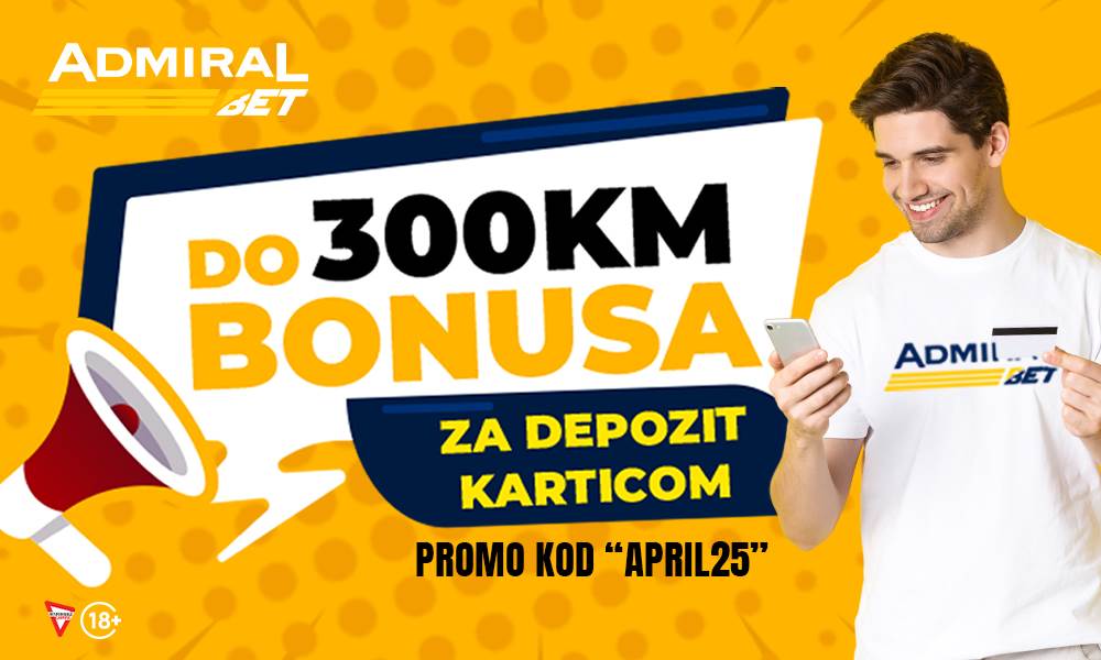  AdmiralBet poklon od 20 KM bez uslova i bonus do 300 KM za uplate bankovim karticama 