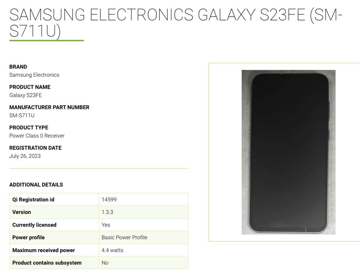  Procurio Galaxy S23 FE listing na Wireless Power konzorcijumu 