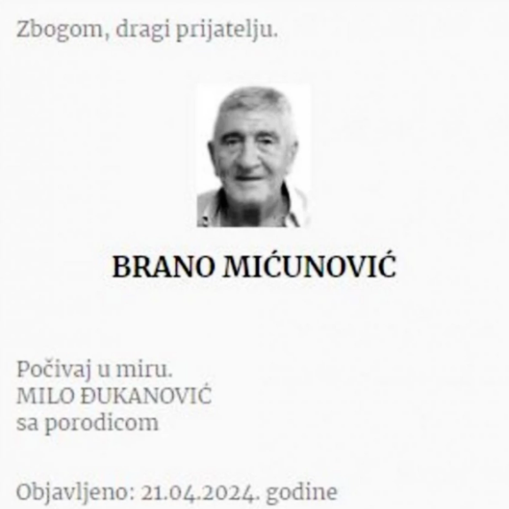 Čitulja Mila Đukanovića Branu Mićunoviću Čitulja Mila Đukanovića Branu Mićunoviću