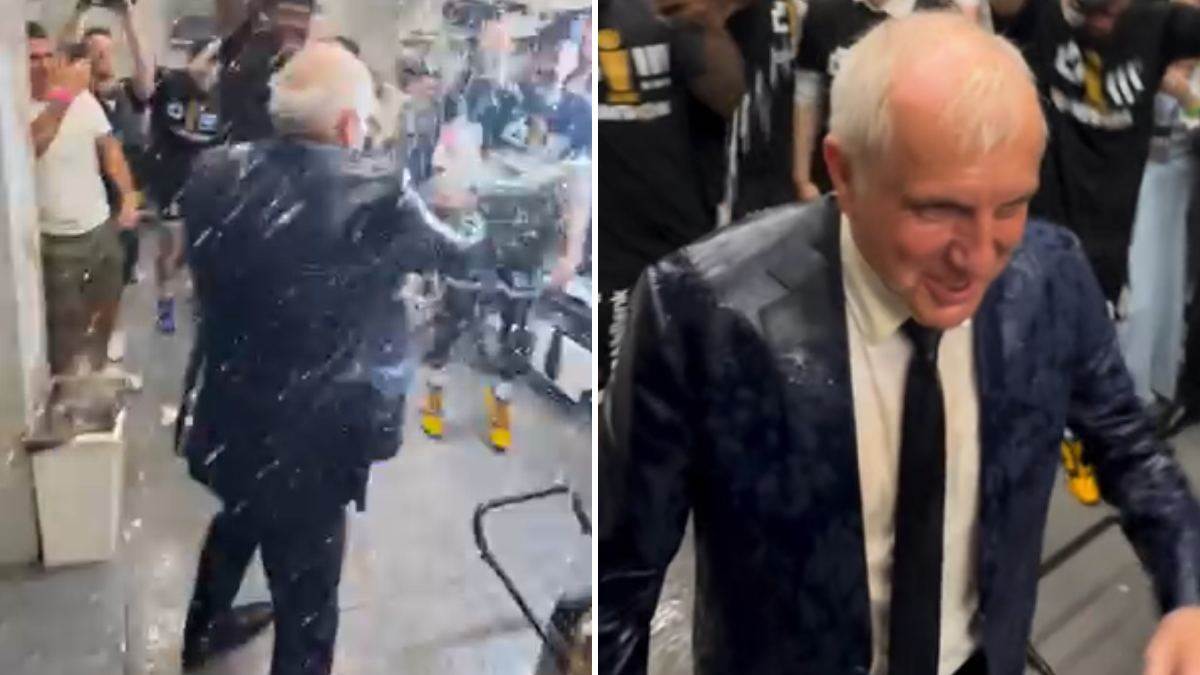  Željko Obradović poliven pivom u svlačionici Partizan slavi titulu 