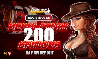  AdmiralBet poklon: 200 besplatnih spinova i dodatni bonus do 600 KM na prvi depozit! 