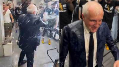  Željko Obradović poliven pivom u svlačionici Partizan slavi titulu 